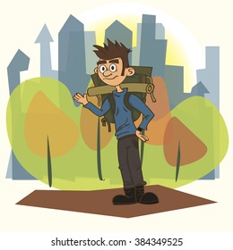 A guy  hiking on nature with backpack.