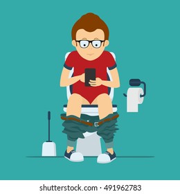 Guy hipster sits on  toilet bowl with phone in hands.  Stock vector illustration.