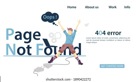 A guy with his hands raised in front of a laptop sitting on the inscription page not found, banner for the design of a website Or mobile applications, error 404, Flat Vector Illustration