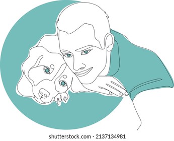Guy with his happy shaggy dog. Minimalistic linear illustration with bright and colored spots. Dog and man together.
