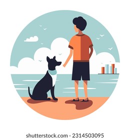 Guy with his pet. Boy and dog spending time together on beach. Vector illustration. Summer mood. Holidays at sea.