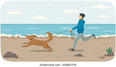 Guy with his pet are walking. Man and dog jogging during cold season. Owner and active puppy spending time together on beach. Male character running after dog on leash on coastline vector illustration