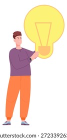 Guy hold big lightbulb. Idea color icon