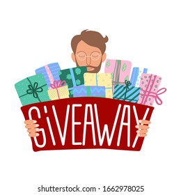 Guy hold poster Giveaway with bunch of gift boxes. Hand drawn vector illustration with brown haired bearded young man who gives presents. Promotional offer or advertising action banner, flyer design
