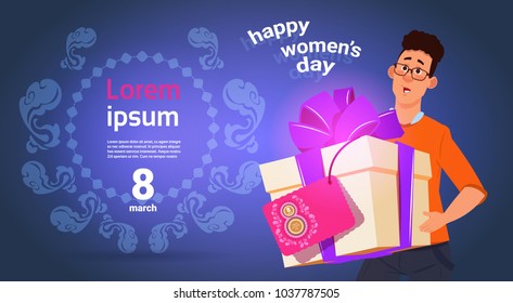 Guy Hold Presnt Box For Happy International Women Day 8 March Holiday Greeting Card Over Template Background Flat Vector Illustration