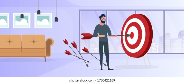 El tipo tiene una flecha. La flecha golpea el objetivo. El concepto de negocios exitosos, trabajo en equipo y logro de objetivos. Vector.