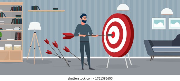 The guy is holding an arrow. The arrow hits the target. The concept of successful business, teamwork and achieving goals. Vector.