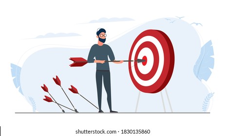 El tipo tiene una flecha. La flecha golpea el objetivo. El concepto de negocios exitosos, trabajo en equipo y logro de objetivos. Vector.