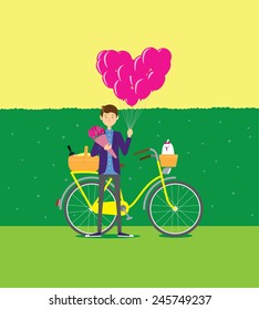 a guy holding balloons and flowers. 
