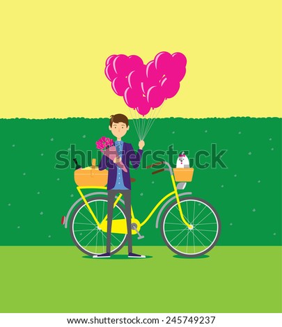 a guy holding balloons and flowers. 