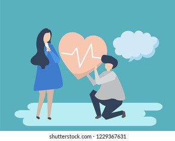 Guy holding a beating heart for a woman illustration