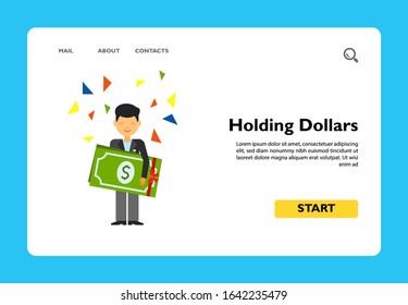 Guy holding big dollar banknotes with hands and confetti. Wealth, luck, win. Money concept. Can be used for topics like finance, business, marketing.