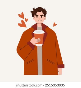 Guy holding a big glass of hot coffee or tea, autumn coziness, guy dressed warmly, smiling or enjoying