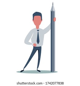 Guy holding big pencil flat vector illustration. Office worker in casual clothes. Vector flat design illustration.