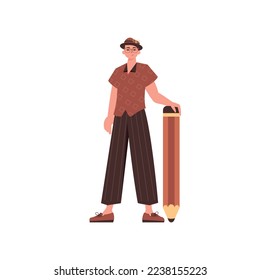 The guy is holding a big pencil. Modern style character.