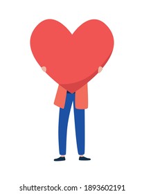 The guy is holding a big red heart. A guy with a heart on an isolated white background. Flat illustration.