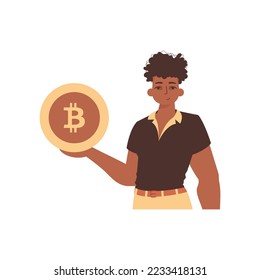 El tipo tiene bitcoin. Carácter con un estilo moderno.