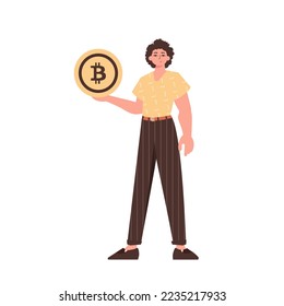 The guy is holding bitcoin. Character with a modern style.