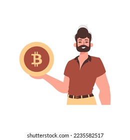 The guy is holding bitcoin. Character in modern trendy style.