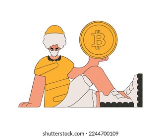 The guy is holding bitcoin. Character Trendy retro style.