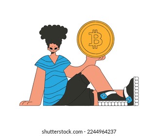 The guy is holding a bitcoin. Character trendy style.