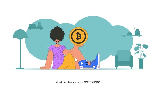 The guy is holding a bitcoin. Cryptocurrency concept.