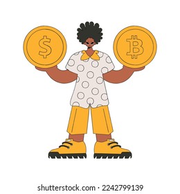 Der Typ hält Bitcoin und Dollar. Charakter trendiger Stil.