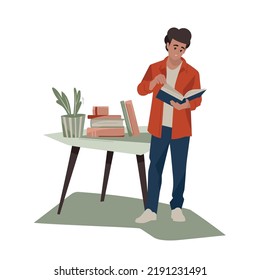 The guy is holding a book in his hands. Table with books. Book theme. Love for reading. Vector image.