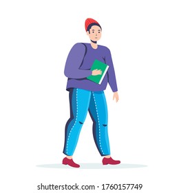 guy holding book student in casual trendy clothes male cartoon character standing pose full length isolated vector illustration