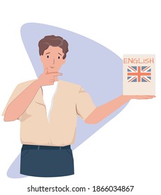 guy holding book, textbook in hand, student, english teacher, britain flag, flat vector illustration
