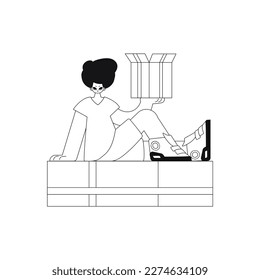 Guy holding a box for delivery. Illustration in linear style. Vector.