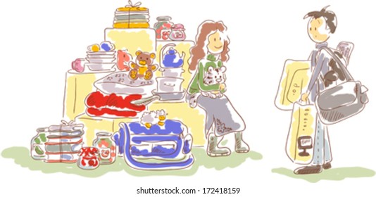 The guy holding boxes. On the shoulder of the guy hanging bag. Girl sitting on the box next to it a lot of boxes, dishes, jars, books and toys.