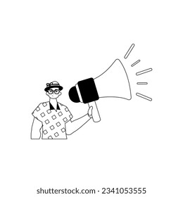 The guy is holding a bullhorn . hour concept . black and White linear style. Trendy style, Vector Illustration
