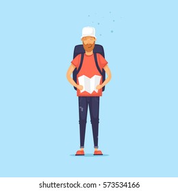 Guy holding the card. Character design. World Travel. Planning summer vacations. Flat design vector illustration.