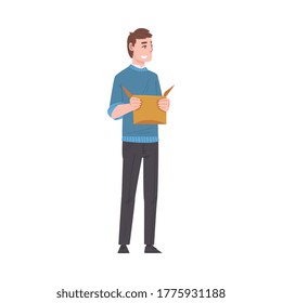 Guy Holding Cardboard Box, Smiling Young Man Receiving or Dispatching Parcel Cartoon Vector Illustration