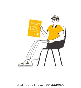 El tipo tiene un contrato en sus manos. Estilo lineal minimalista. Aislado. Ilustración vectorial.