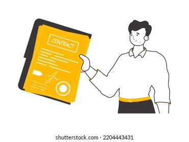 El tipo tiene un contrato en sus manos. De diseño lineal. Aislado. Ilustración vectorial.