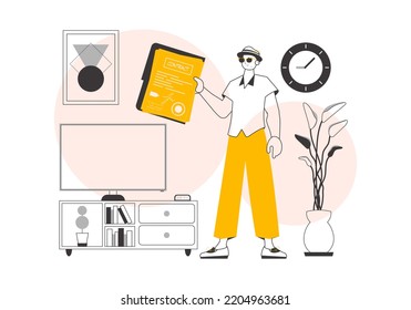 El tipo tiene un contrato en sus manos. De diseño lineal. Ilustración vectorial.