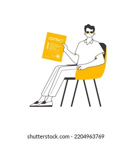 Der Typ hat einen Vertrag in den Händen. Minimalistischer linearer Stil. Einzeln. Vektorgrafik.