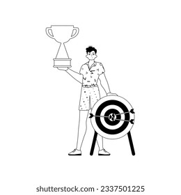 The Guy is holding a cup . home of victory . black and whiten linear manner. Trendy style, Vector Illustration