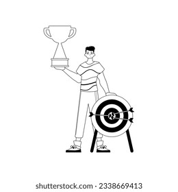 The Guy is holding a cup . home of victory . entire dark and whiten linear manner. Trendy style, Vector Illustration