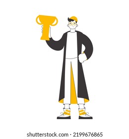 The guy is holding a cup. Line art style. Isolated on white background. Vector illustration.