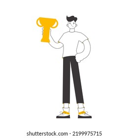 Der Typ hält eine Tasse. Linearer Trendstil. Einzeln auf weißem Hintergrund. Vektorgrafik.