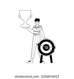 The Guy is holding a cup . national of victory . black and whiten linear manner. Trendy style, Vector Illustration