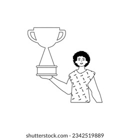 The Guy is holding a cup . national of victory . black and whiten linear manner. Trendy style, Vector Illustration
