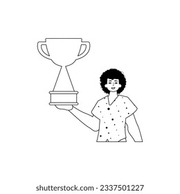 The Guy is holding a cup . subject of victory . black and White linear style. Trendy style, Vector Illustration