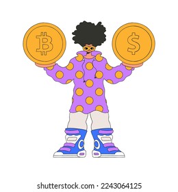 The guy is holding dollar and bitcoin. Character Trendy retro style.