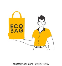 Der Typ hält ein Öko-Paket in den Händen. Ökologische Schutzkonzeption. Line Art Trendy Stil.