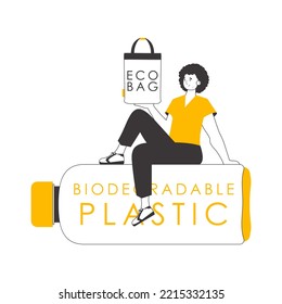 The guy is holding an eco package in his hands. The concept of ecological bags and plastic. Linear trendy style.