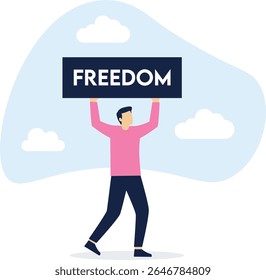  Guy holding freedom banner. Man protesting for human rights isolated on white background

